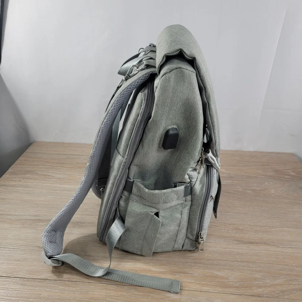 HWJF Gray Diaper Bag Backpack with USB Charging Port and Fold Out Station